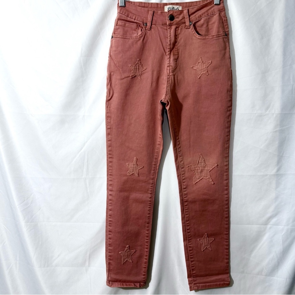 Listicle Skinny Acid Wash High Rise Jeans W/ Star Shape Fray Patches Size Small